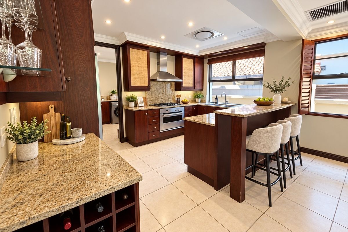 A well-appointed kitchen featuring dark wood cabinetry, granite countertops, a built-in oven, stainless steel extractor fan, and a breakfast bar with tiled flooring.