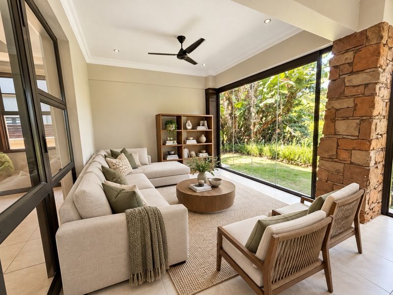 A bright, modern living room featuring a stone accent wall, large glass sliding doors opening to the garden, and recessed ceiling lighting.
