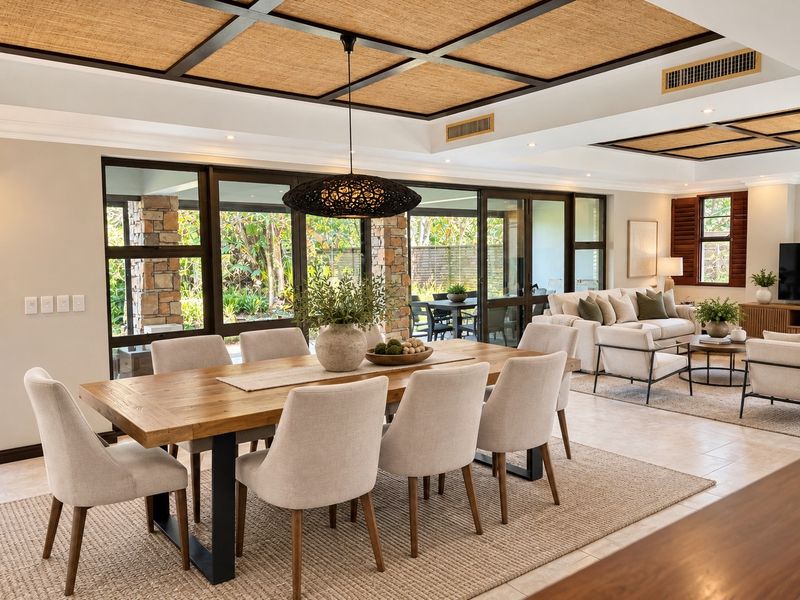 Spacious open-plan living and dining area featuring a coffered ceiling, ducted air conditioning, and large sliding glass doors opening to a garden patio.