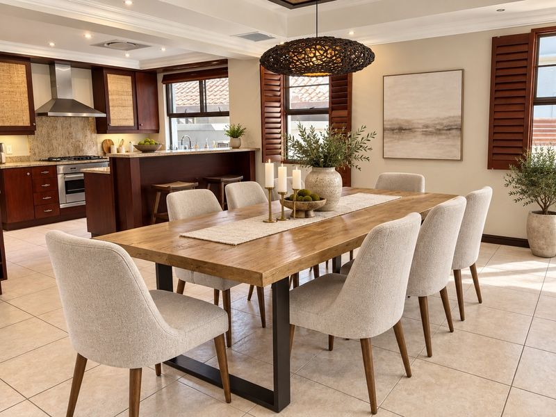 Spacious open-plan dining and kitchen area featuring dark wood cabinetry, stone countertops, integrated appliances, tiled flooring, and elegant timber window shutters.