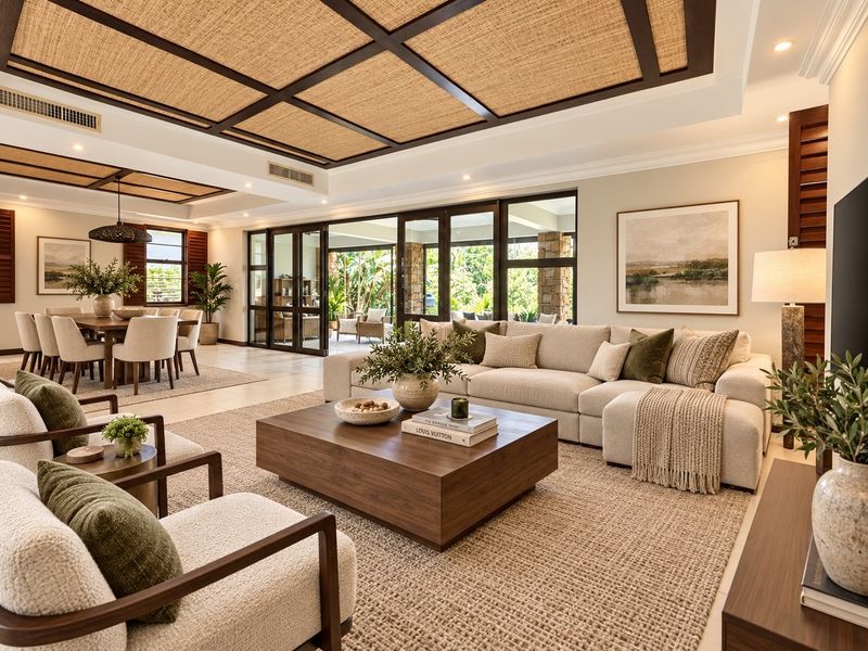 Spacious open-plan living and dining area featuring a coffered ceiling with woven detail, large glass doors, and seamless flow to the outdoor patio.