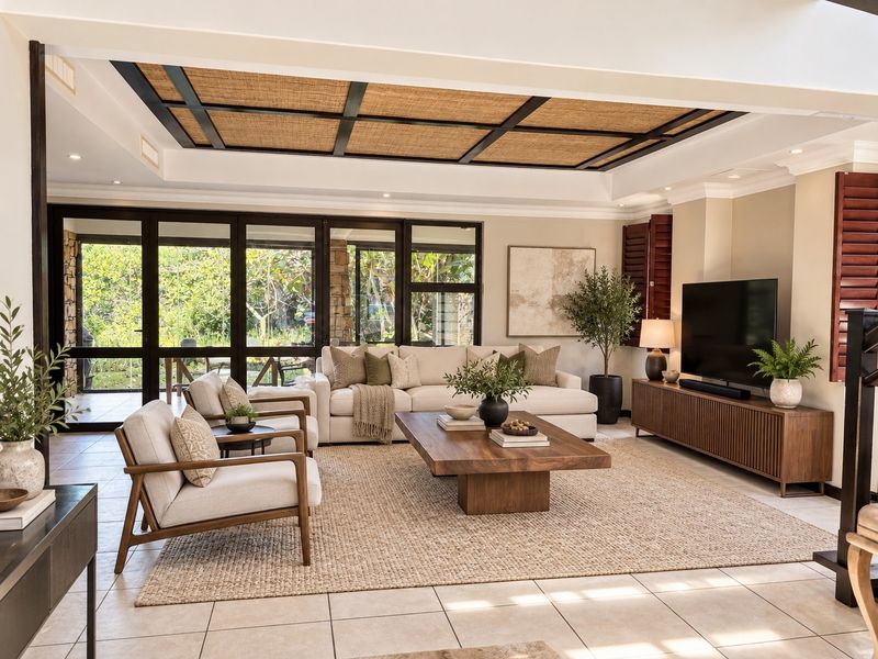 Spacious living room featuring a unique coffered ceiling with woven inlay, large glass sliding doors providing garden access, and neutral tiled flooring.