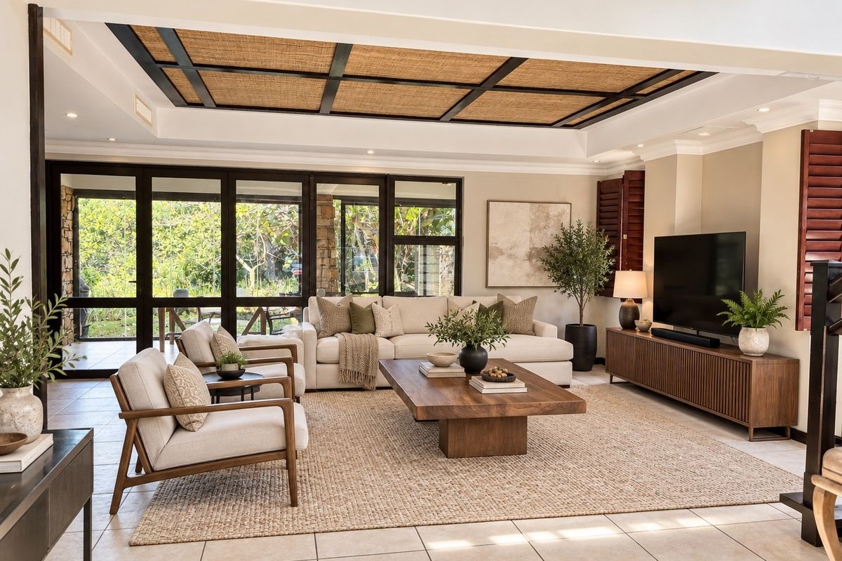 Spacious living room featuring a unique coffered ceiling with woven inlay, large glass sliding doors providing garden access, and neutral tiled flooring.