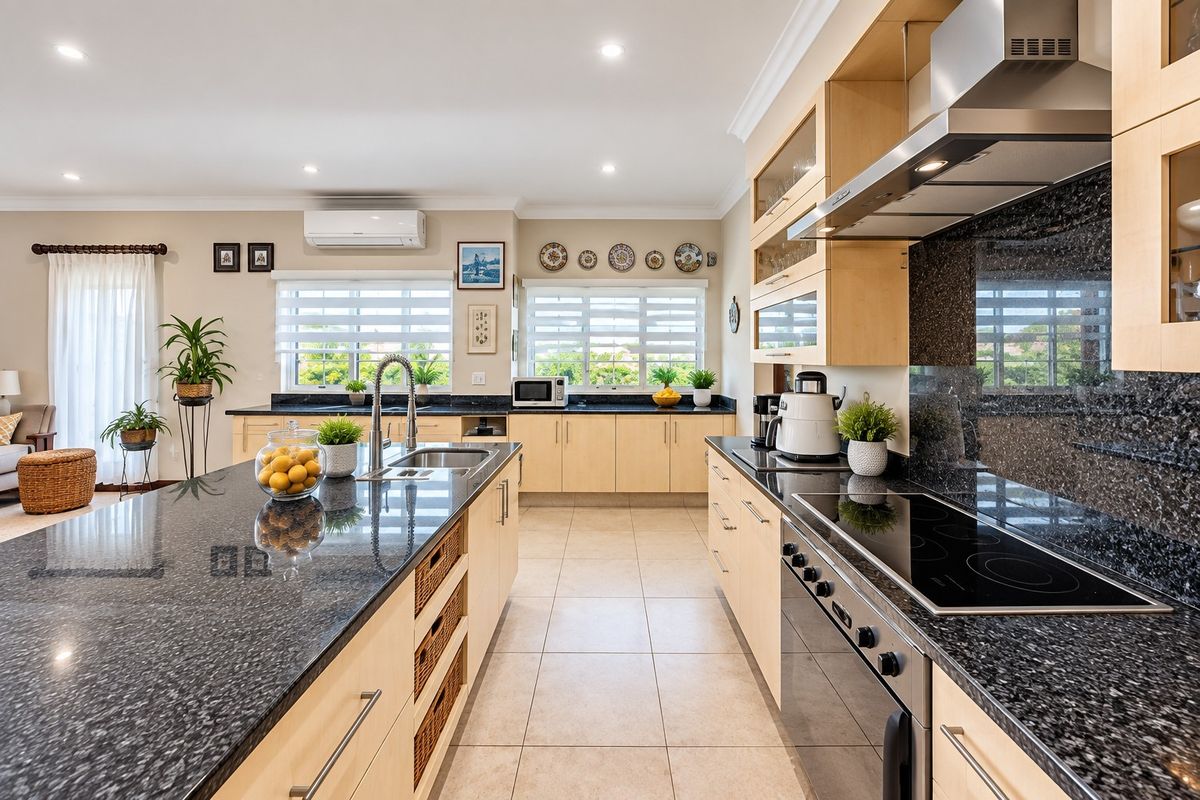 Modern kitchen featuring light wood cabinetry, dark granite countertops, integrated stainless steel appliances, and tiled flooring with ample natural light.