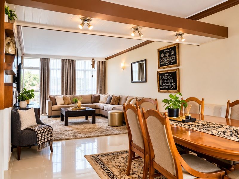 Spacious open-plan living and dining area featuring polished tiled flooring, recessed ceiling beams with spotlighting, and large windows providing ample natural light.