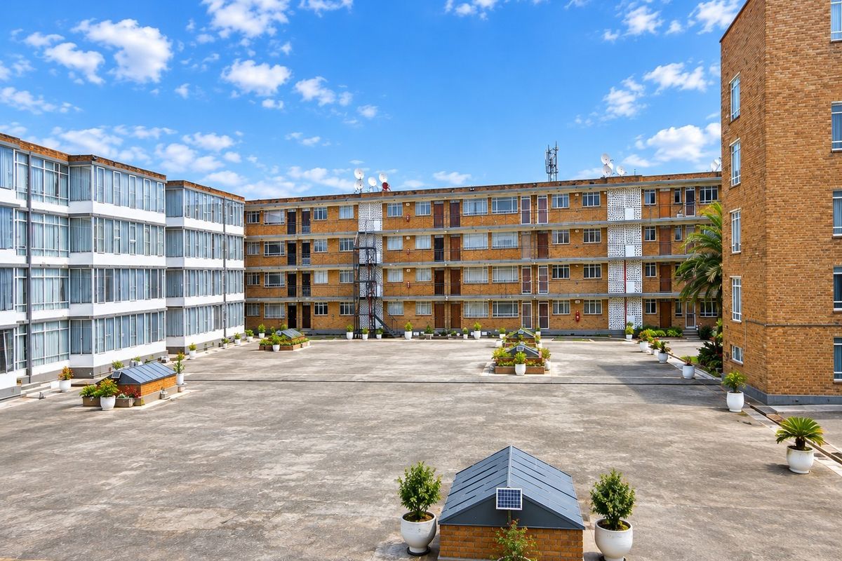 A wide-angle view of a large residential apartment complex courtyard featuring brick facades, concrete paving, and integrated fire escape infrastructure.