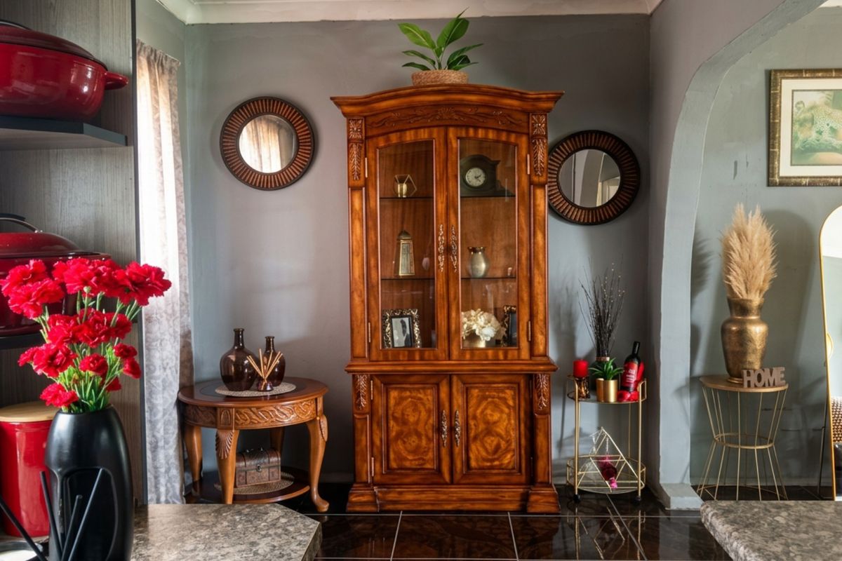 A well-maintained kitchen area featuring dark tiled flooring, a decorative archway, and built-in shelving, creating a warm and inviting atmosphere.