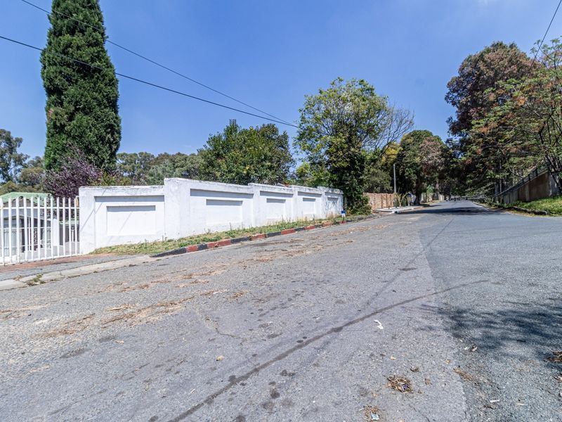 A street-level view showing the property's boundary wall, metal gate, and the adjacent asphalt road in a residential neighborhood.