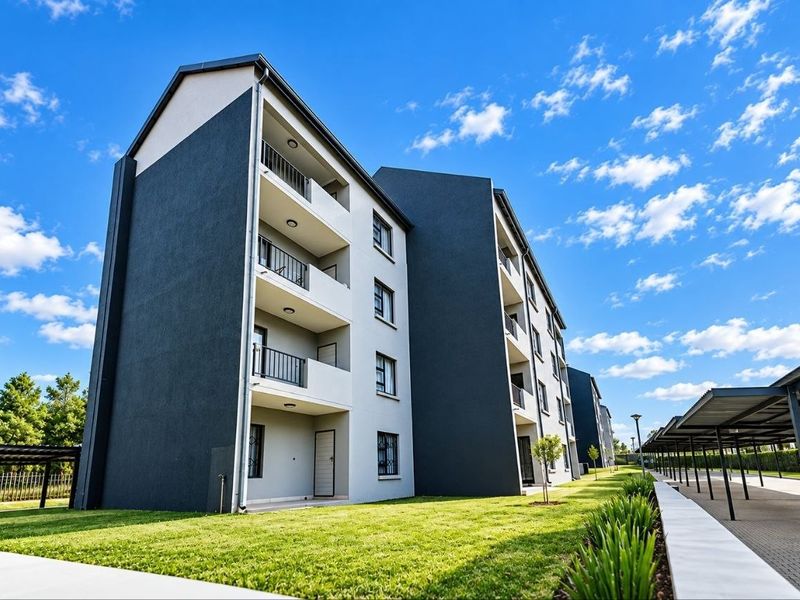 Modern multi-story apartment building featuring private balconies, clean architectural lines, and adjacent covered parking facilities set within a well-maintained complex.