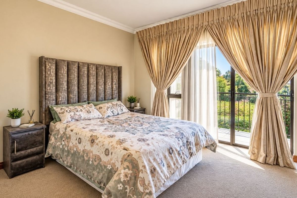 A well-maintained bedroom featuring neutral carpeting, cove cornicing, and large sliding glass doors that open onto a private balcony with garden views.
