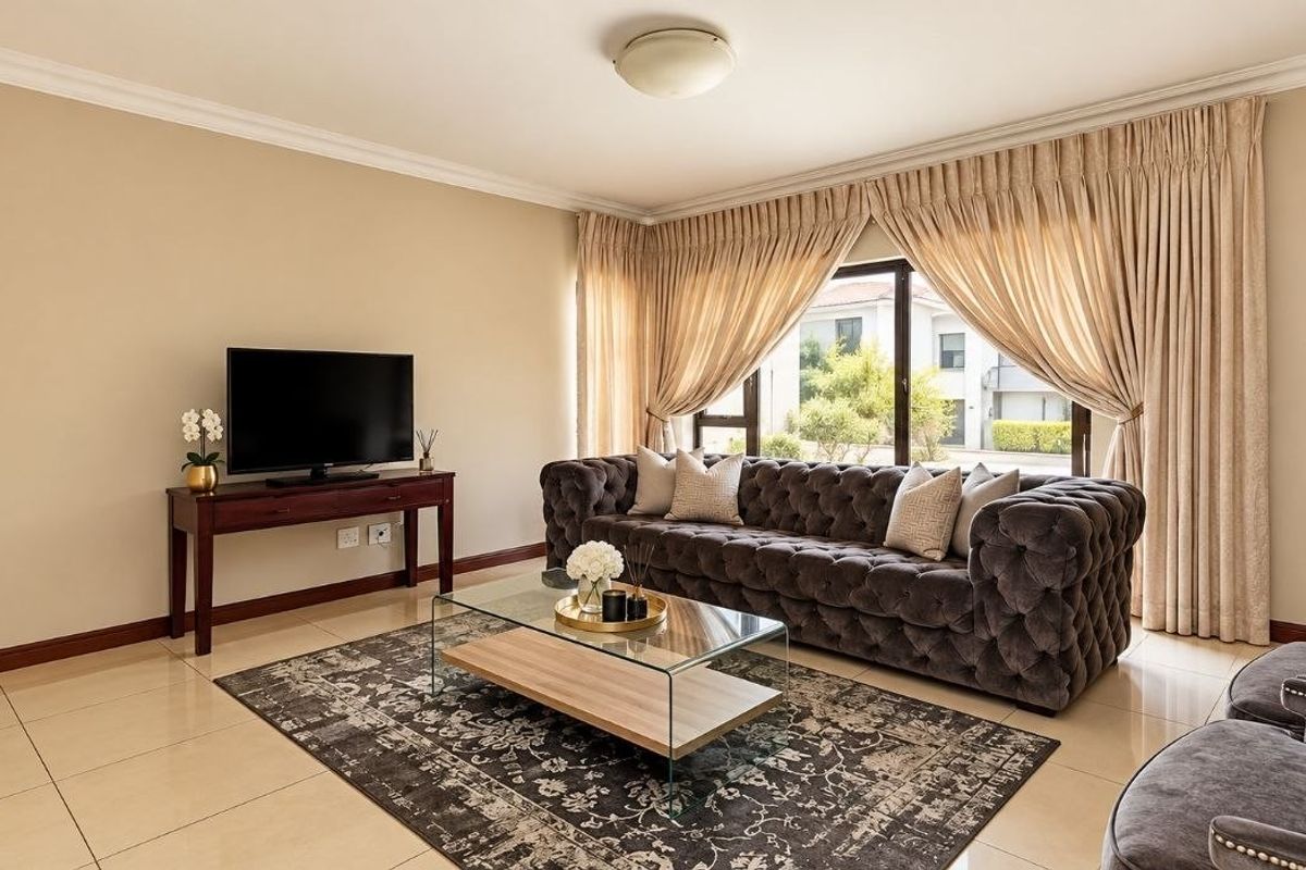 A well-maintained living room featuring neutral tiled flooring, classic ceiling cornicing, and large windows that provide ample natural light.