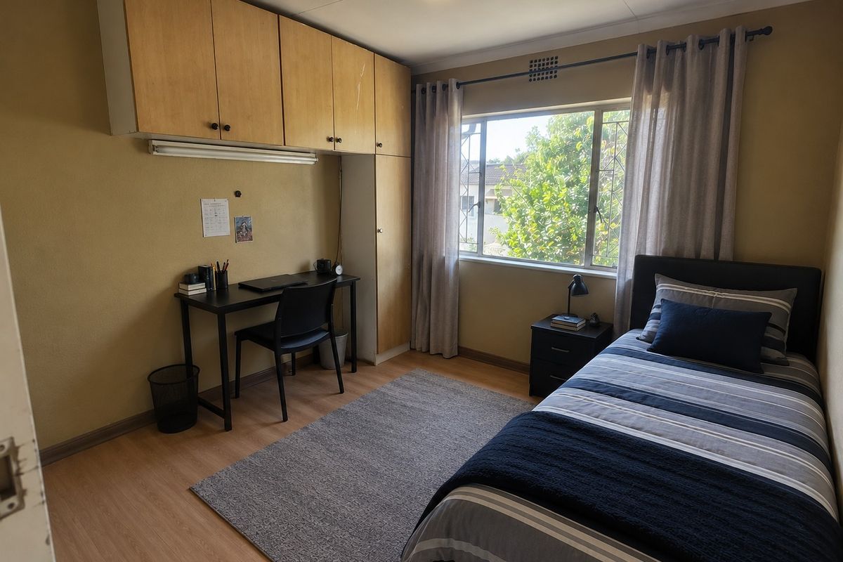 A functional bedroom featuring built-in wooden cabinetry, laminate flooring, and a window with security bars, offering a practical layout for a study and sleeping area.