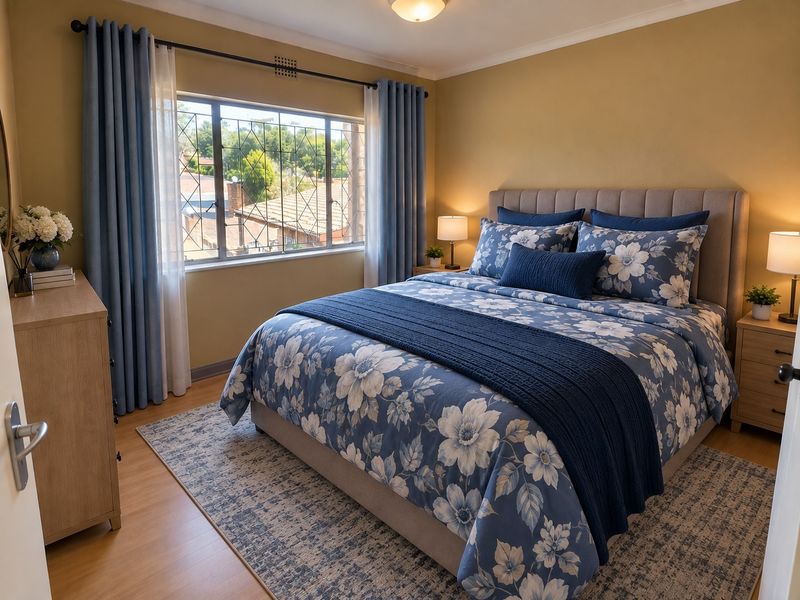 A well-maintained bedroom featuring laminate flooring, neutral wall tones, and a large window with security bars, offering a comfortable and functional living space.