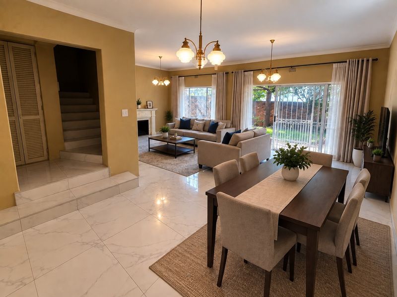 Spacious open-plan living and dining area featuring polished tiled floors, a fireplace, and large sliding doors providing access to the rear garden.