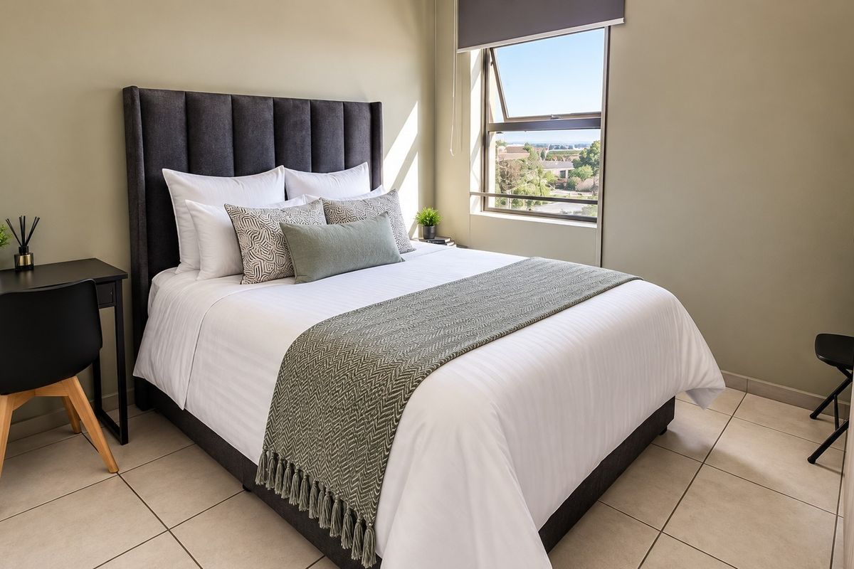A well-maintained bedroom featuring tiled flooring, a built-in wardrobe, and a top-hung window with a roller blind, offering natural light and exterior views.