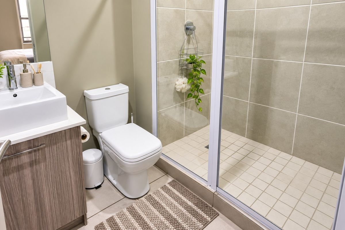 Modern bathroom featuring a walk-in shower with glass screen, vanity cabinet with basin, and neutral wall tiling.