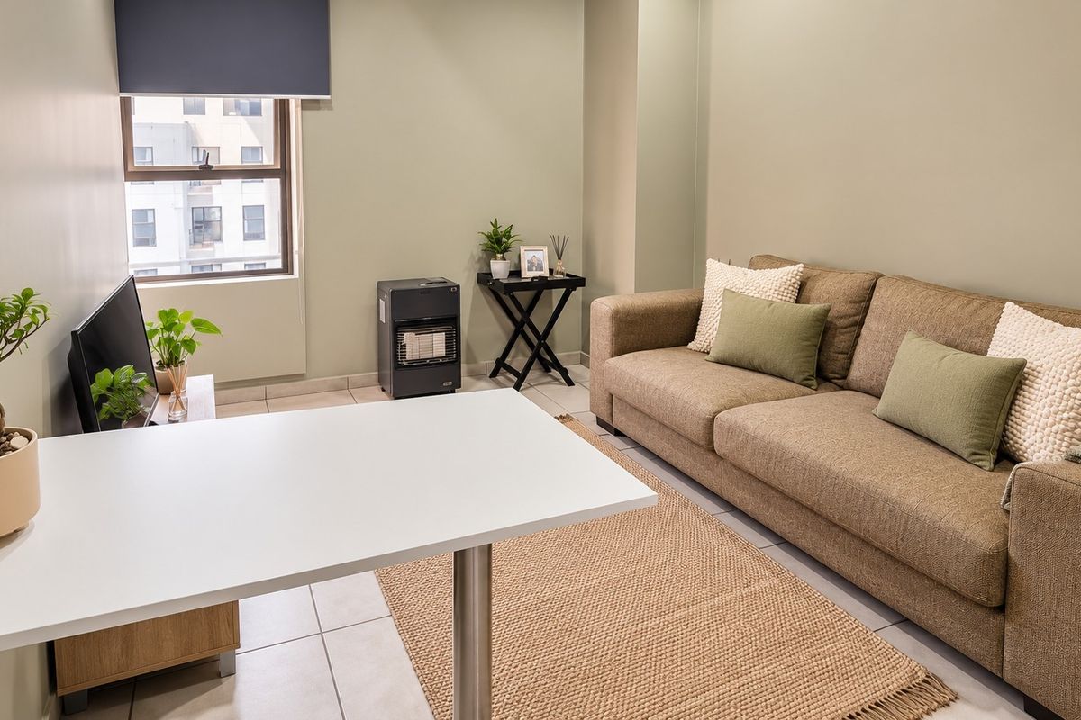 A well-lit living room featuring neutral wall tones, tiled flooring, and a window providing natural light.