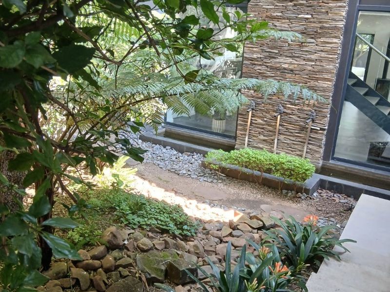 A landscaped garden area featuring stacked stone wall cladding, concrete steps, and a water feature adjacent to the main building structure.