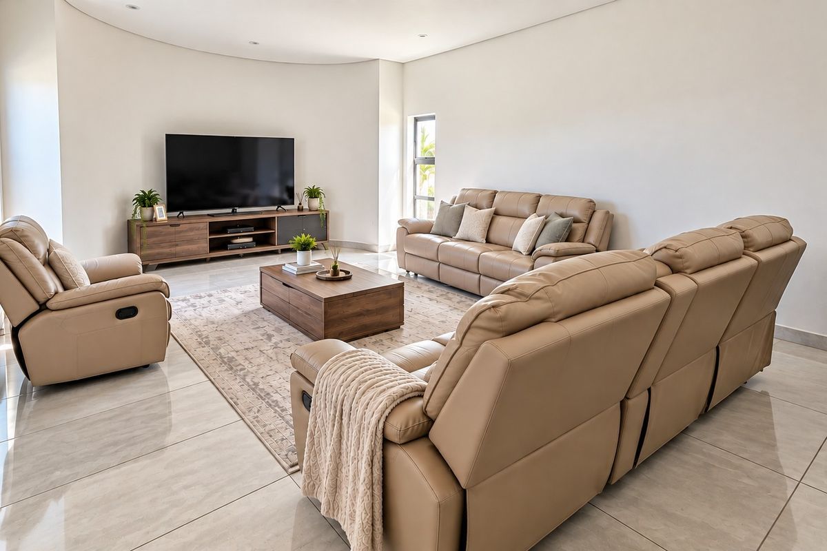 A spacious, modern living room featuring polished tiled flooring, a unique curved wall design, and recessed ceiling lighting.