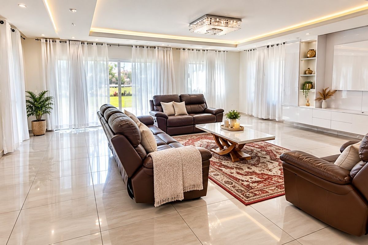 Spacious, modern living room featuring high-gloss porcelain tiles, recessed cove lighting, and a custom built-in media wall with integrated shelving.