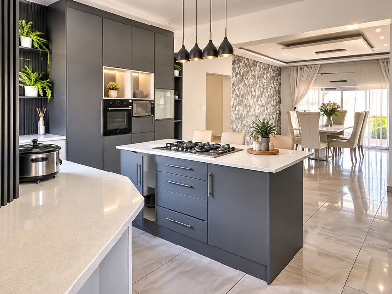 Modern open-plan kitchen and dining area featuring a central island with gas hob, sleek cabinetry, quartz countertops, and high-end finishes throughout.
