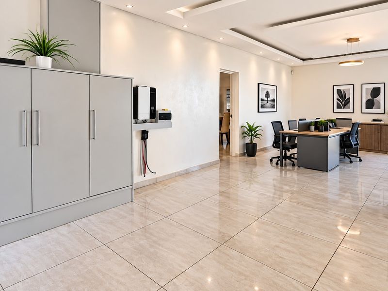 A modern, spacious office area featuring polished tiled flooring, recessed ceiling lighting, and integrated cabinetry with a wall-mounted inverter system.