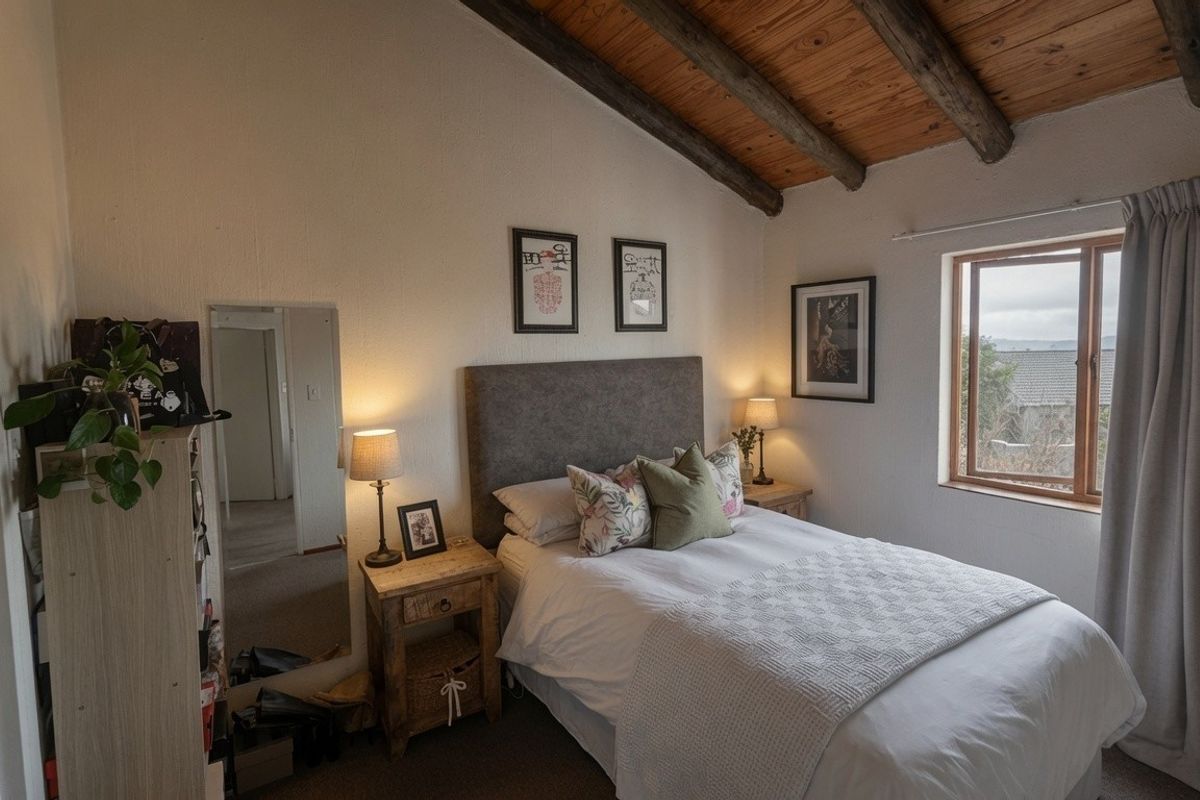 A cozy bedroom featuring a sloped ceiling with exposed timber beams and a window providing natural light.