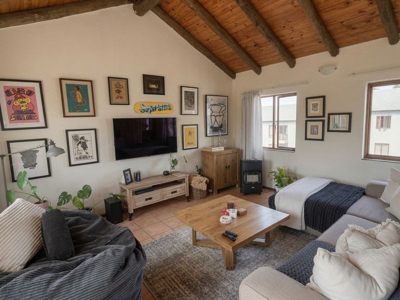 A cozy living room featuring a vaulted ceiling with exposed timber beams, tiled flooring, and natural light from multiple casement windows.
