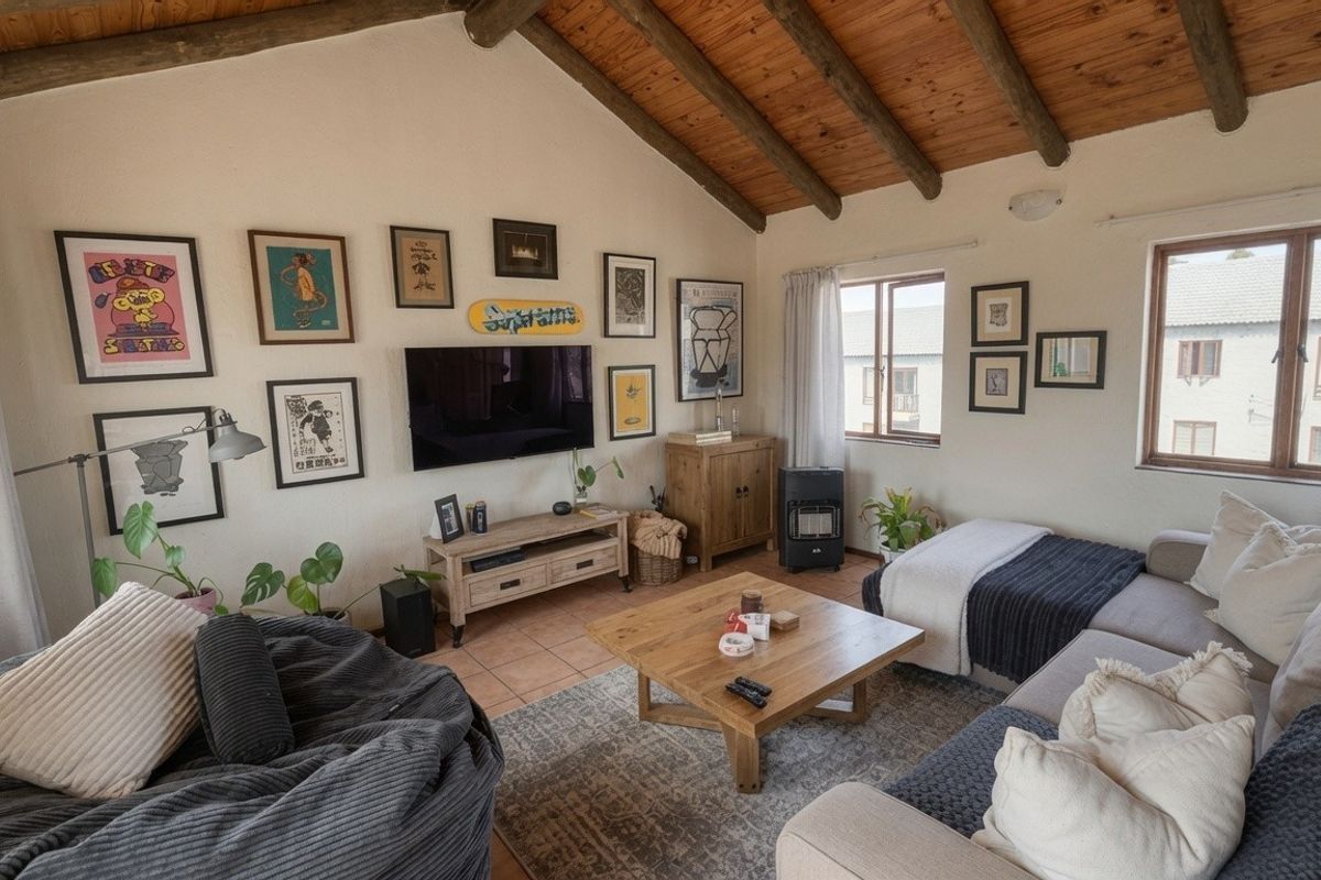 A cozy living room featuring a vaulted ceiling with exposed timber beams, tiled flooring, and natural light from multiple casement windows.
