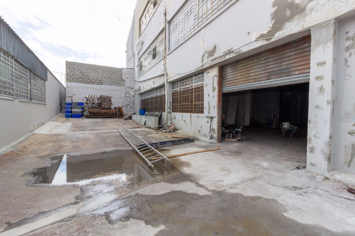Rear industrial yard area featuring a concrete surface, roller shutter access, and multi-pane steel windows on the building facade.