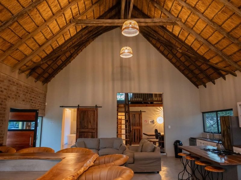 Spacious open-plan living area featuring a dramatic vaulted thatch ceiling with exposed timber trusses, polished concrete floors, and a modern kitchen with island.