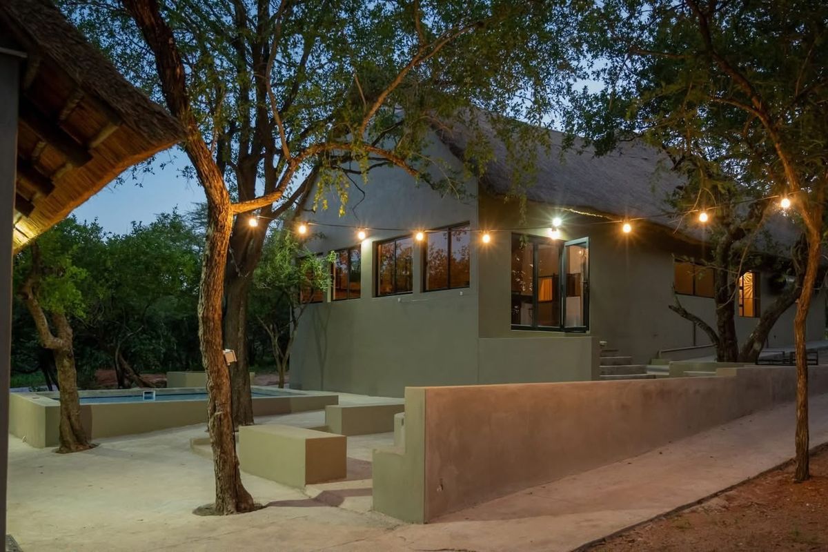 Rear exterior view of a thatched-roof house featuring a swimming pool, concrete patio area with built-in seating, and ambient string lighting.