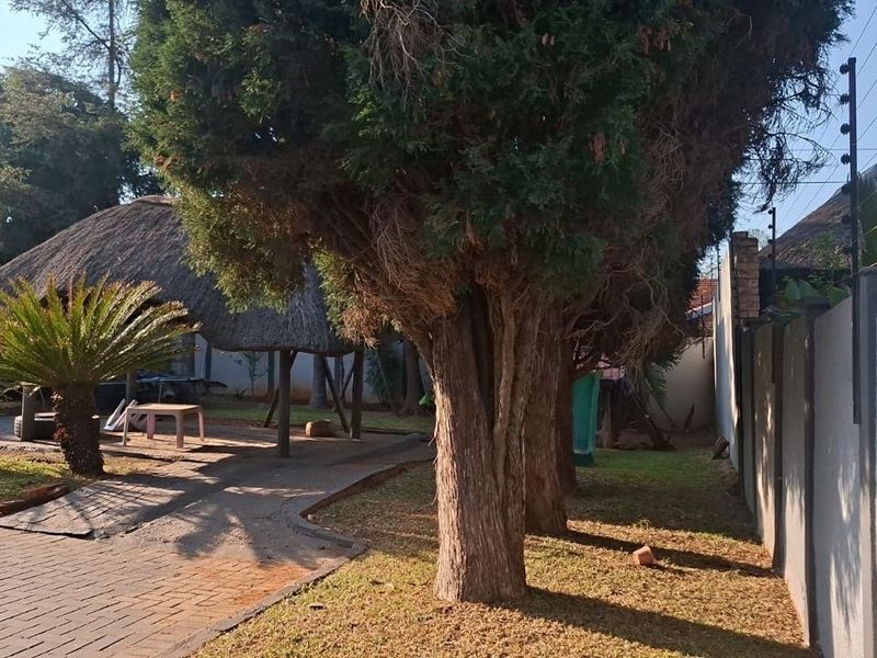 A spacious garden area featuring a thatched lapa, paved driveway, and secure perimeter wall with electric fencing.