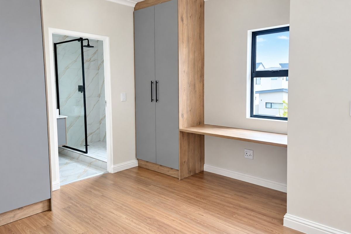 Modern bedroom featuring built-in cupboards, a integrated desk, laminate flooring, and direct access to an en-suite bathroom.