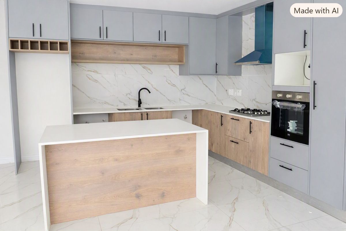 Modern kitchen featuring two-tone cabinetry, stone countertops, a central island, built-in gas hob, oven, and elegant marble-look tile finishes throughout.