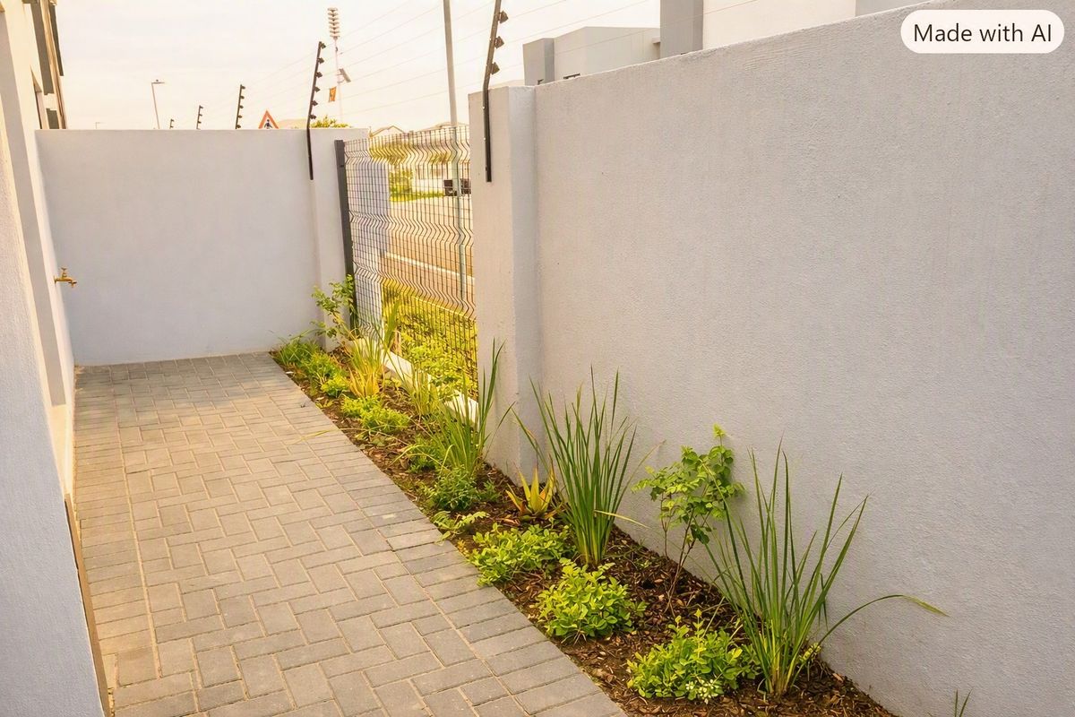 A clean, paved side walkway featuring a perimeter wall with electric fencing and a small landscaped garden bed.