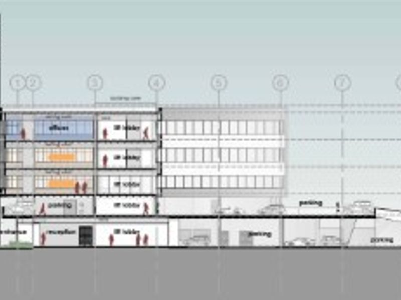 Architectural section drawing illustrating the vertical layout of the office building, including parking levels, reception, and office floors.