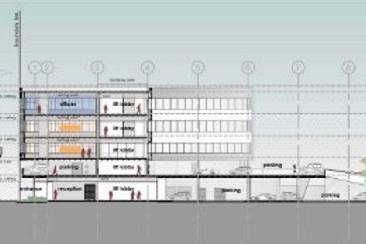 Architectural section drawing illustrating the vertical layout of the office building, including parking levels, reception, and office floors.