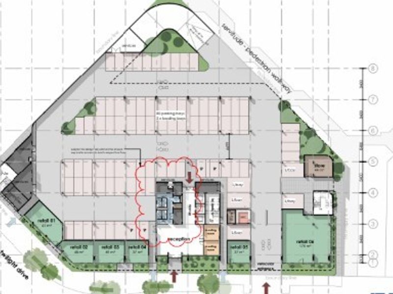 Architectural site plan showing the layout of retail units, parking facilities, pedestrian access, and the central reception area for the office property.