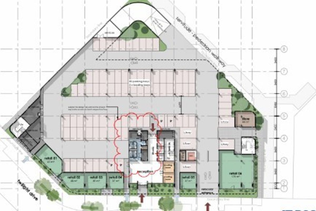 Architectural site plan showing the layout of retail units, parking facilities, pedestrian access, and the central reception area for the office property.