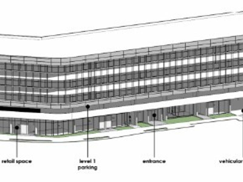 Architectural rendering of a commercial office building showing ground floor retail, parking levels, and primary building entrances.