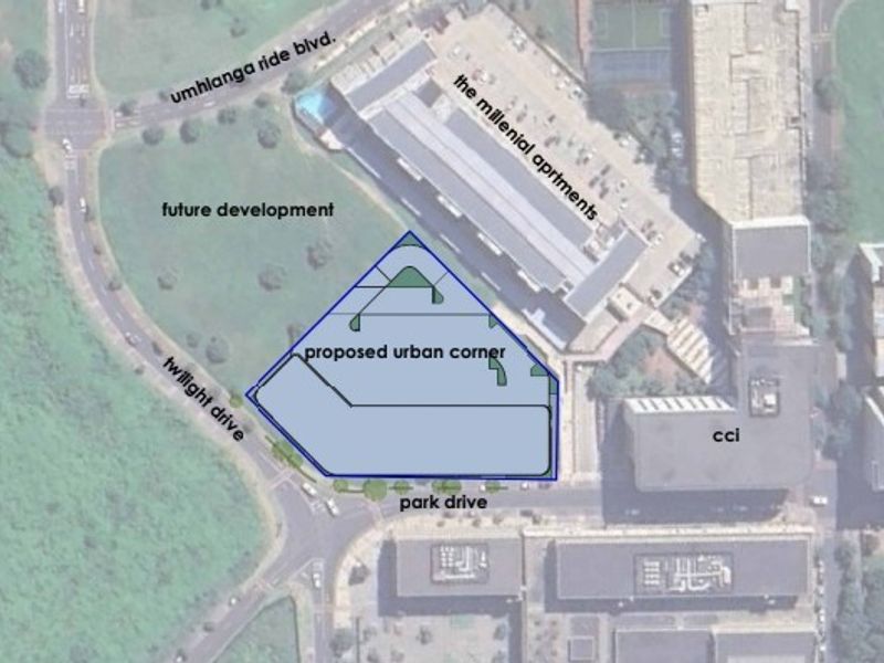 An aerial site plan showing the proposed urban corner development located at the intersection of Twilight Drive and Park Drive.
