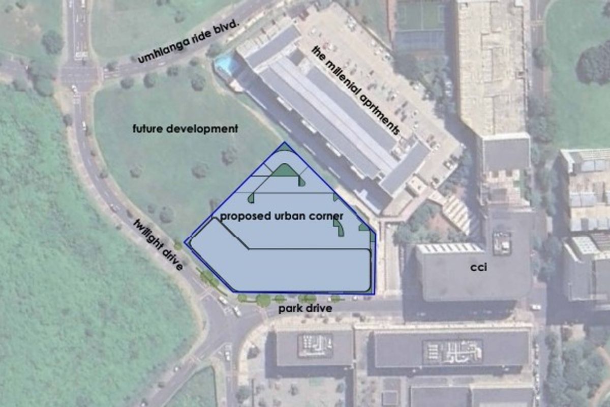 An aerial site plan showing the proposed urban corner development located at the intersection of Twilight Drive and Park Drive.