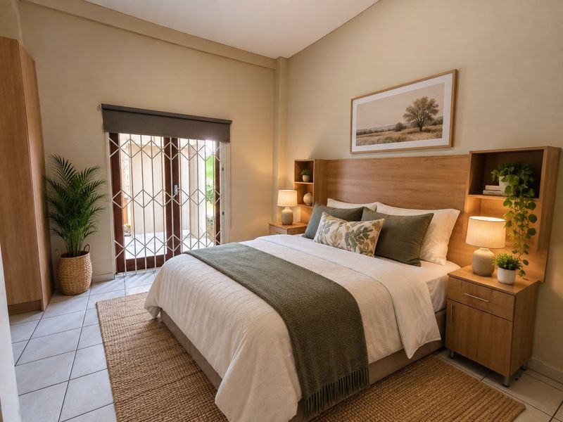 A well-maintained bedroom featuring built-in headboard and bedside shelving, tiled floors, and a secure glass door leading to an outdoor area.