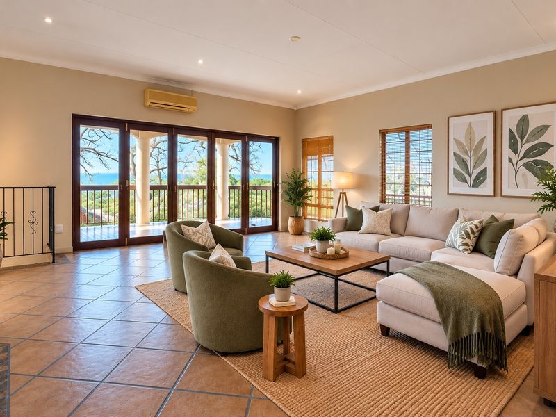 Spacious living room featuring tiled floors, recessed lighting, and large timber-framed sliding doors opening onto a balcony with scenic views.