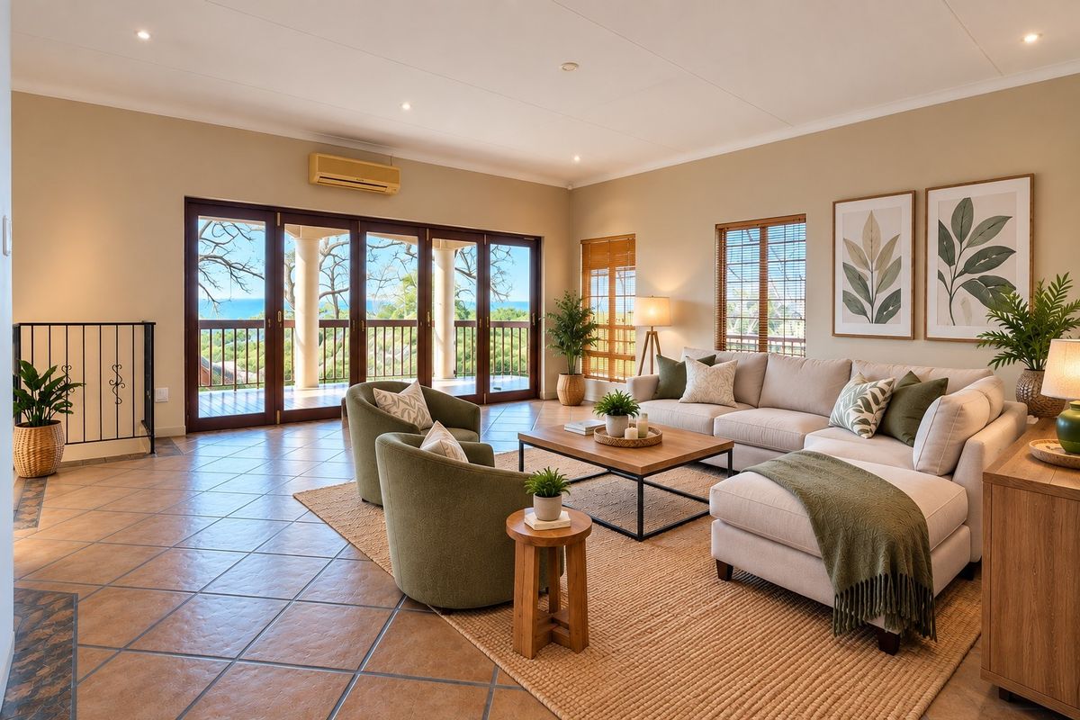Spacious living room featuring tiled floors, recessed lighting, and large timber-framed sliding doors opening onto a balcony with scenic views.
