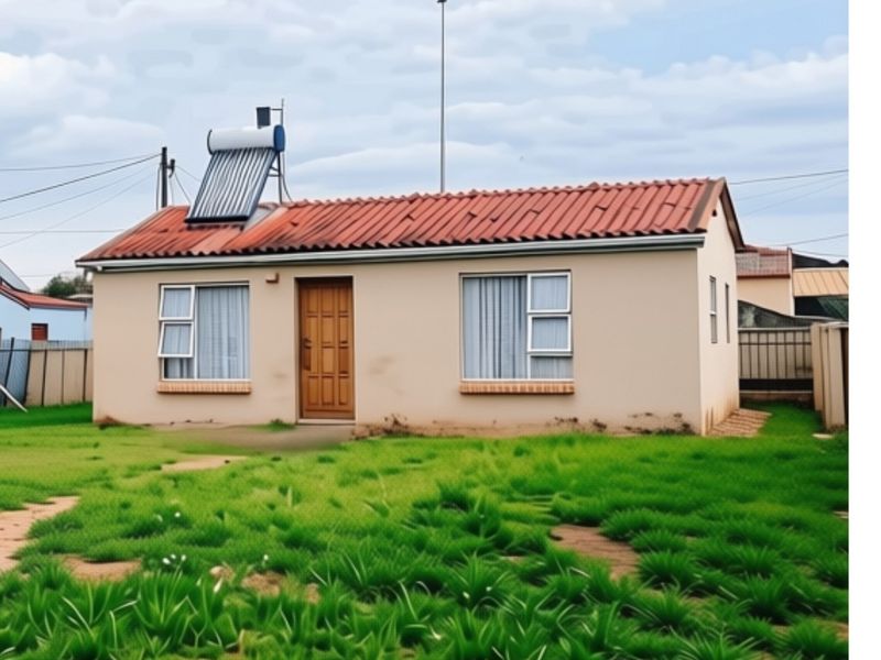 A single-story residential house featuring a corrugated metal roof, solar water heater, and aluminium window frames, set on a grassed plot.