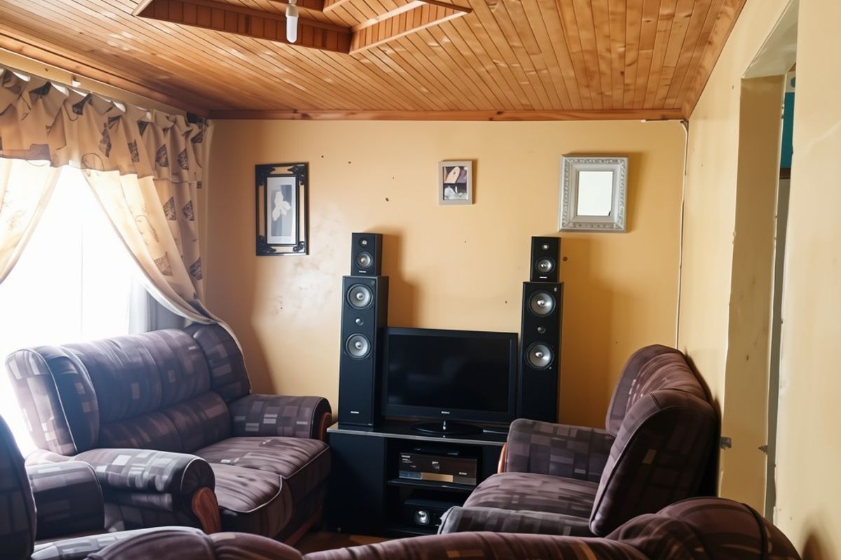 A living room featuring a distinctive timber tongue and groove ceiling with a recessed architectural detail and neutral wall finishes.