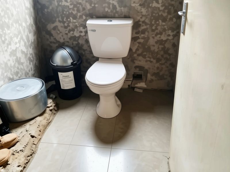 A small bathroom featuring a standard toilet and tiled flooring, currently requiring wall surface repairs and finishing.