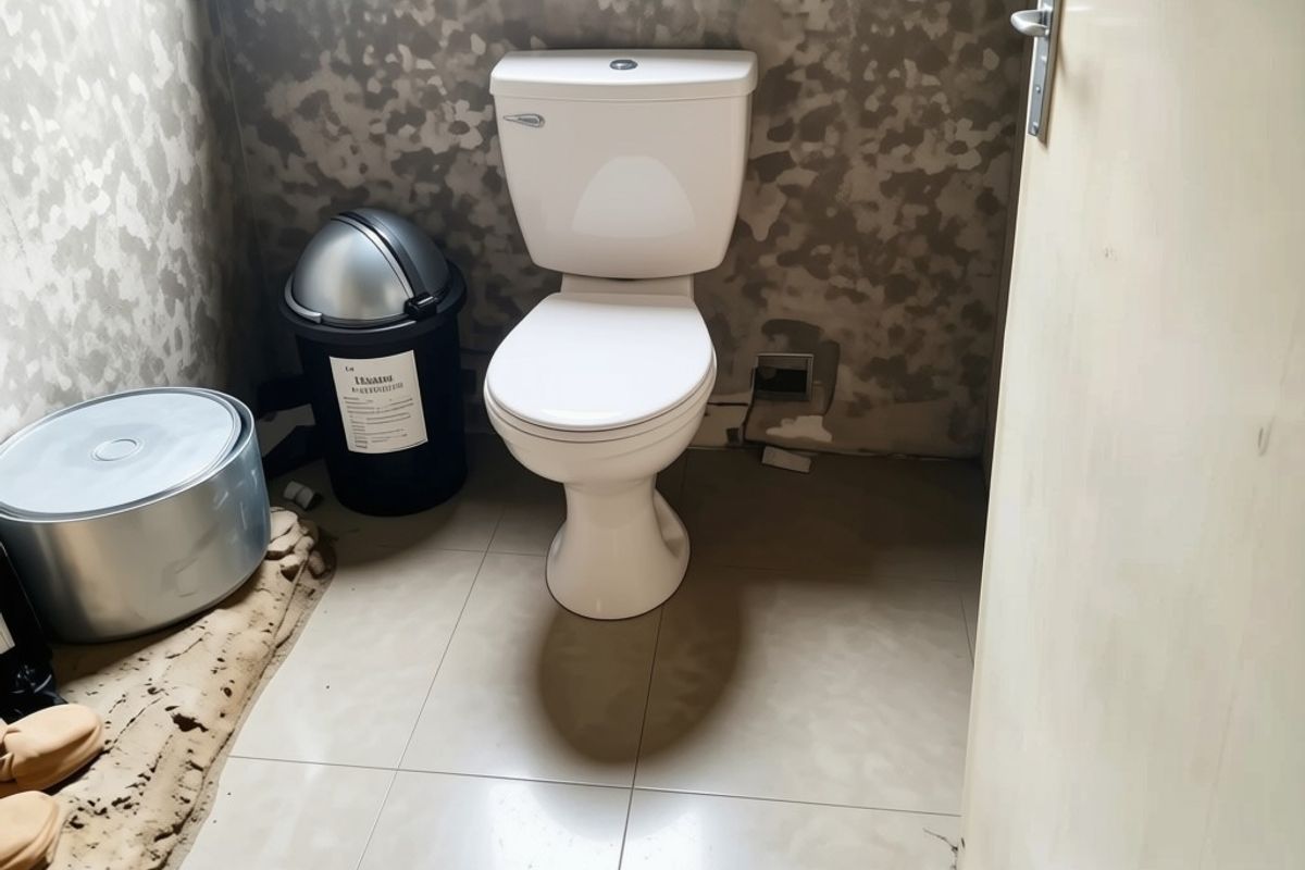 A small bathroom featuring a standard toilet and tiled flooring, currently requiring wall surface repairs and finishing.